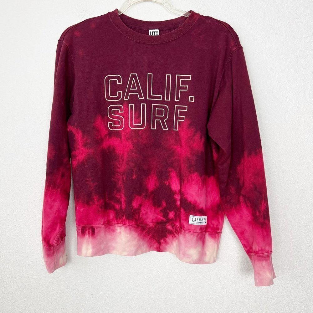 Upcycled Custom Uniqlo Bleach Tie Dye Ombre Maroon Calif Surf Cash-Yew Crewneck